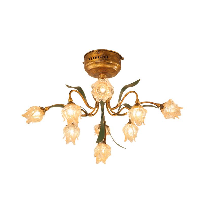 9-head dicht bij plafondlamp romantische pastoraal woonkamer led semi-spoelbevestiging verlichting met bloem mat glas in messing