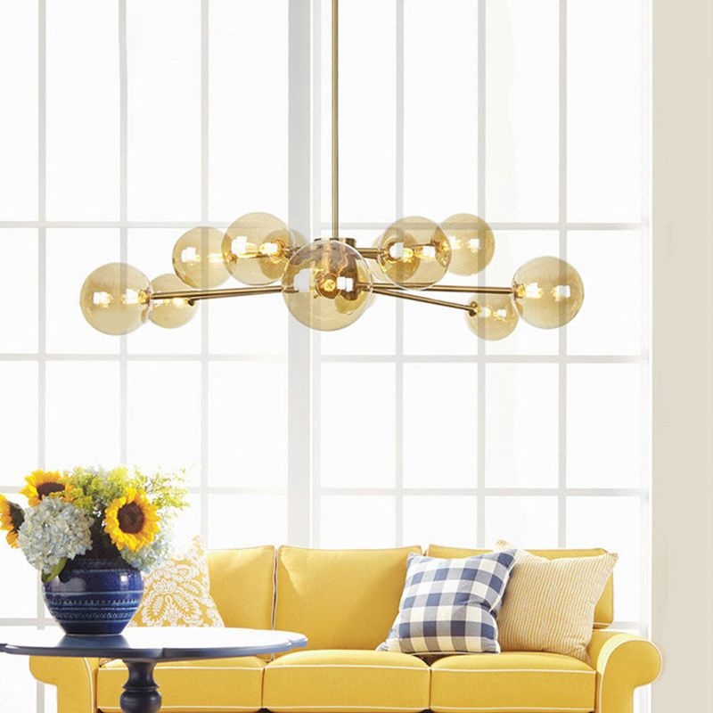 Gold Round Chandelier Lighting Fixture Modernism 12 Bulbs Amber Glass LED Hanging Ceiling Lamp