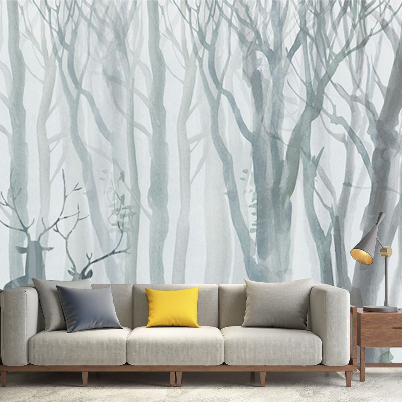 Grey-Blue Scandinavian Mural Wallpaper Full-Size Deer in Winter Forest Wall Art for Bedroom