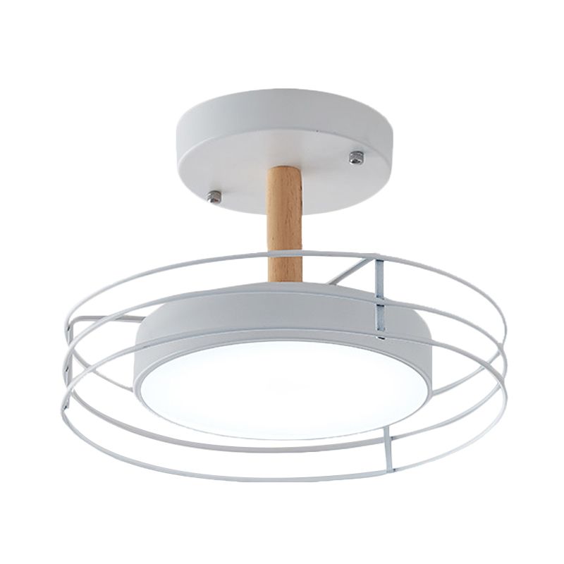 Round Semi Flush Mount Lighting Nordic Iron Black/White/Gold LED Ceiling Fixture with Wire Cage
