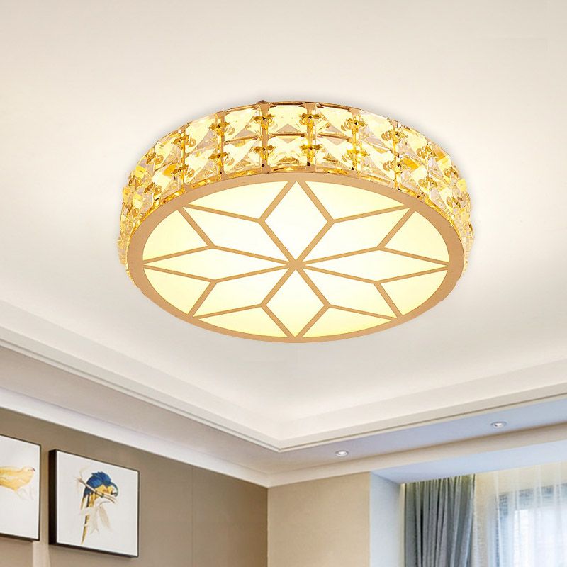Drum/Flower Corridor Flushmount Light Contemporary Faceted Crystal LED White/Gold Ceiling Mounted Fixture