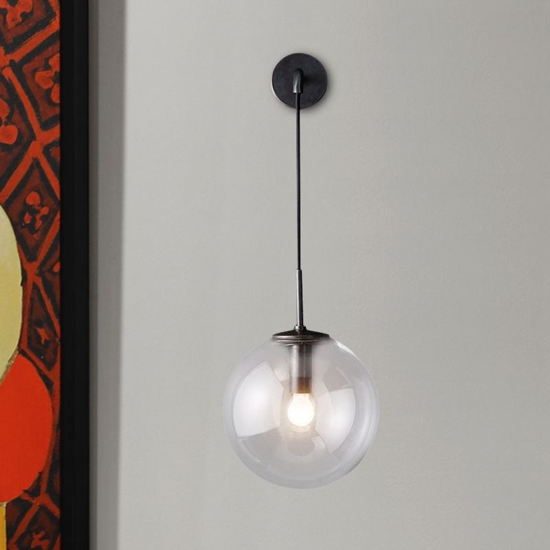 Round Clear Glass Wall Mounted Lamp Industrial Single Bulb Bedroom Vanity Sconce in Chrome/Brass/Black, 6"/8" Wide