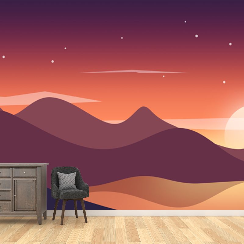 Modern Starry Scenery Wall Mural Yellow-Brown Big Moon Behind Mountain Wall Decor