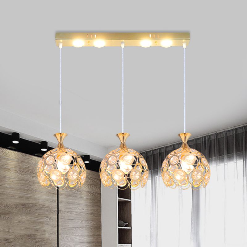 Modern Style Pendulum Light Crystal-Encrusted 3-Bulb Dining Room Multi Pendant Lamp Fixture in Gold