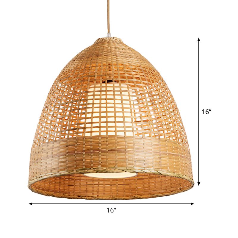 Grid Bell Living Room Hanging Lamp Bamboo Single-Bulb Asian Suspension Pendant Light in Beige