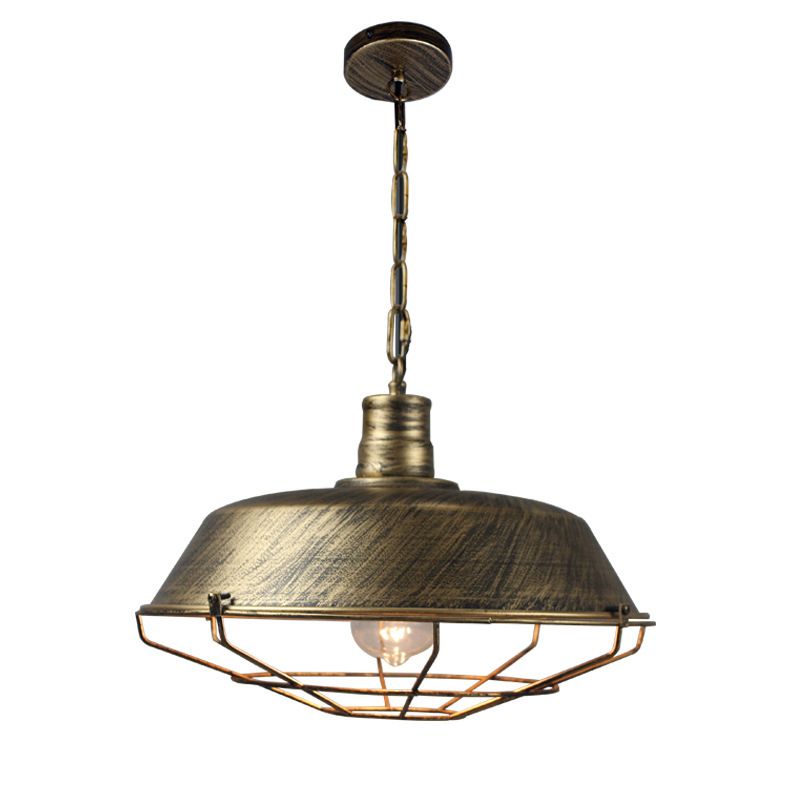 1-Light Wrought Iron Lid Shaped Hanging Light Retro Industry Style Iron Cage Shade Pendant Lamp for Restaurant