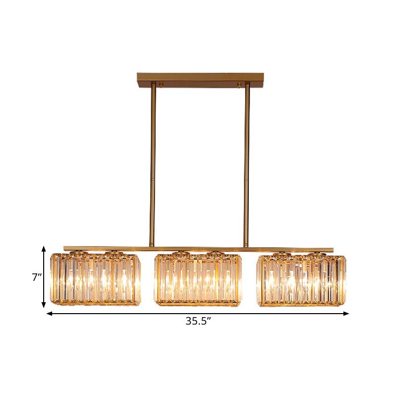 Gold 4/6/8 Bulbs Pendant Lighting Contemporary Metal Linear Island Lamp with Clear Cuboid Crystal Shade for Dinning Room