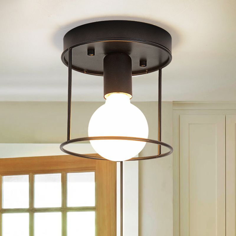 Cilinder Gang Inbouwlamp Industrieel Metaal One Light Zwart/Wit Plafondverlichting met Kooi