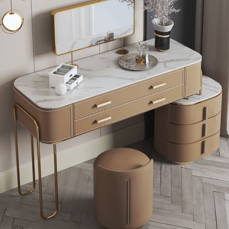 Mirrored Makeup Dressing Table Luxurious Stone Top Stool Set in Brown