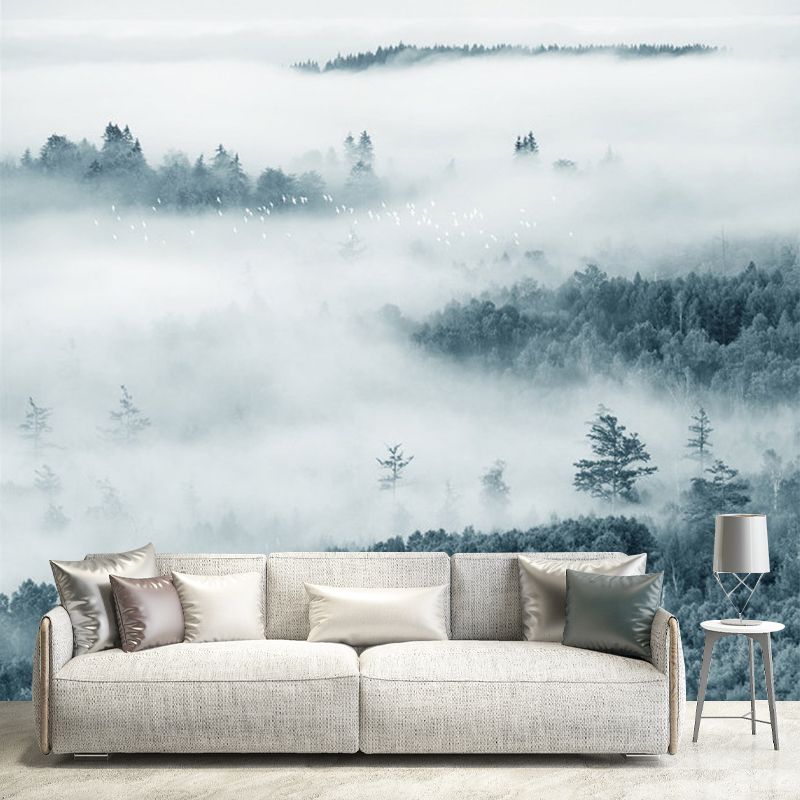 Misty Mountain Overlook Mural Wallpaper Grey and Green Contemporary Wall Decor for Bedroom