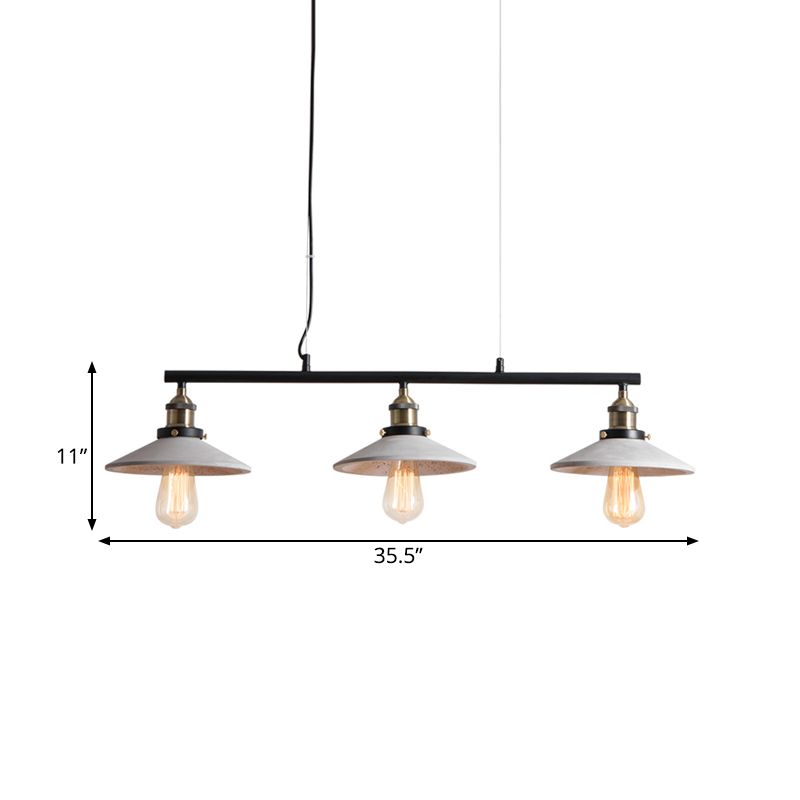 Soucoupe vintage île suspendue légère pendante de plafond de ciment à 3 têtes en gris sur table