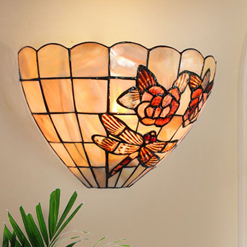 Beige Wall Lamp with Bowl Shade Tiffany Style Handmade Shell Wall Sconce Light with Rose and Dragonfly Pattern
