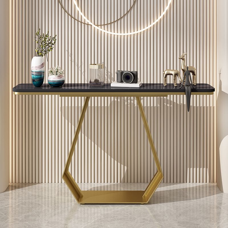 Glam Style Rectangle Top Accent Table with Iron Base and Stone Top