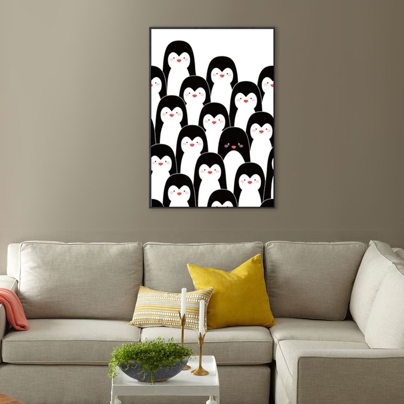 Kawaii Animal Canvas Wall Art for Child Bedroom, Black and White, Textured Surface