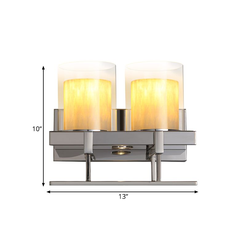 Column Metal Wall Sconce Light Traditional 2 Heads Bedroom Wall Lamp Fixture in Chrome with Glass Holder