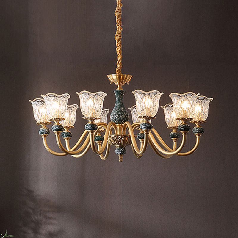 Traditional Flared Ceiling Lighting Carved Glass Chandelier Light Fixture with Ruffle Edge in Brass
