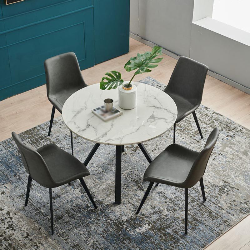 White Stone Top Table Modern Round Black Steel Base Dining Table