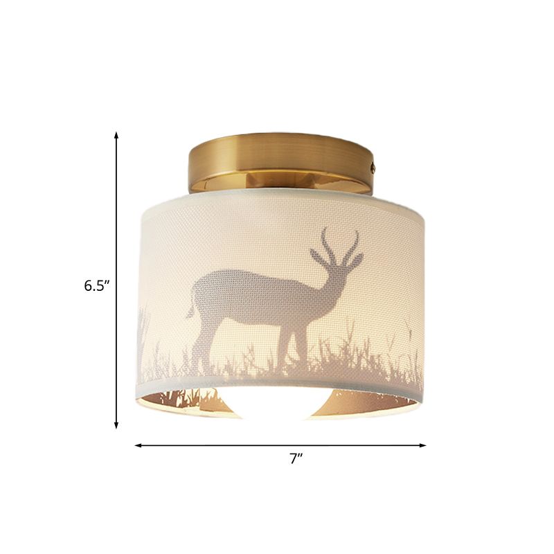 1 illuminazione a monte semi -filo del tamburo leggera Light Accensione del soffitto in tessuto in ottone tradizionale con motivo alce/foglia