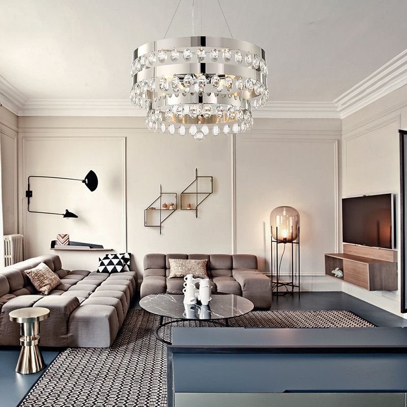 Tiered Ring Hanging Ceiling Light Metallic Multi Light Chandelier Lamp with Clear Crystal Deco in Chrome