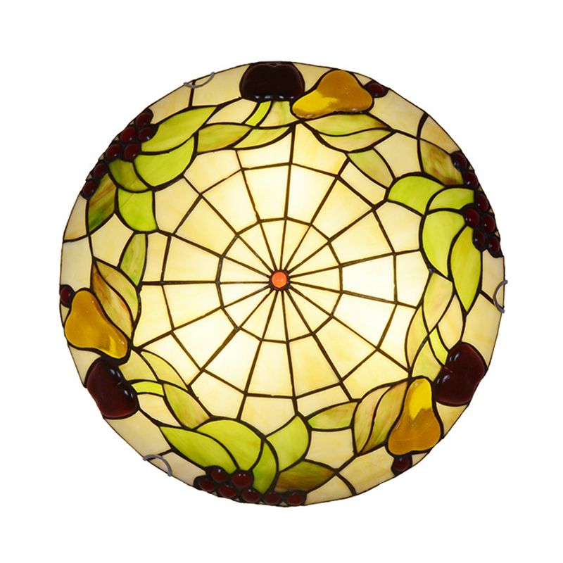 Green Flush Mount Ceiling Fixture Tiffany Cut Glass Bowl Flush Lamp with Fruit Pattern