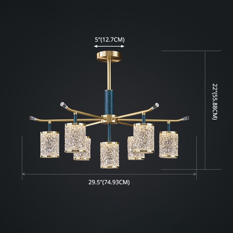 Diner Chandelier Modern Brass Pendant Light with Cylindrical Rippled Glass Shade