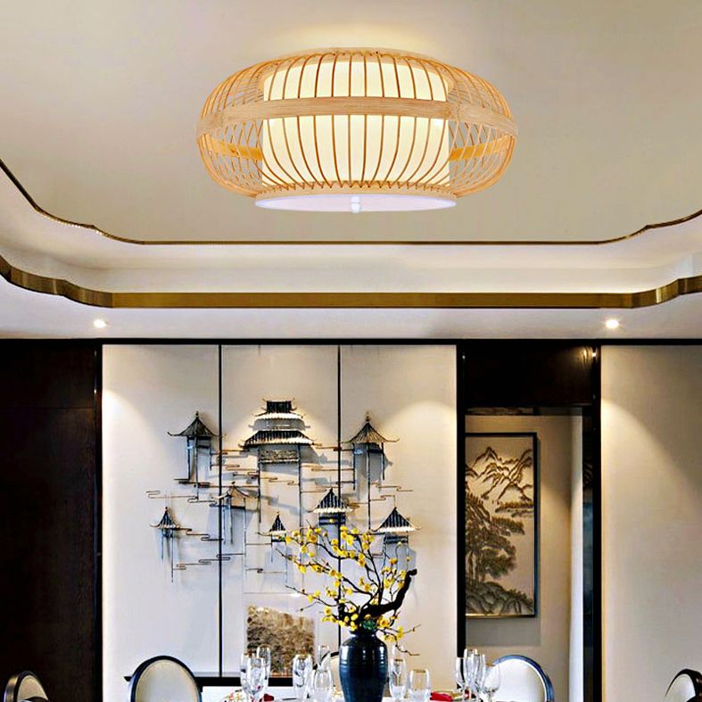 Japanese Style Bamboo Flush Mount Drum Shape Beige Flush Mount Ceiling Fixture for Living Room
