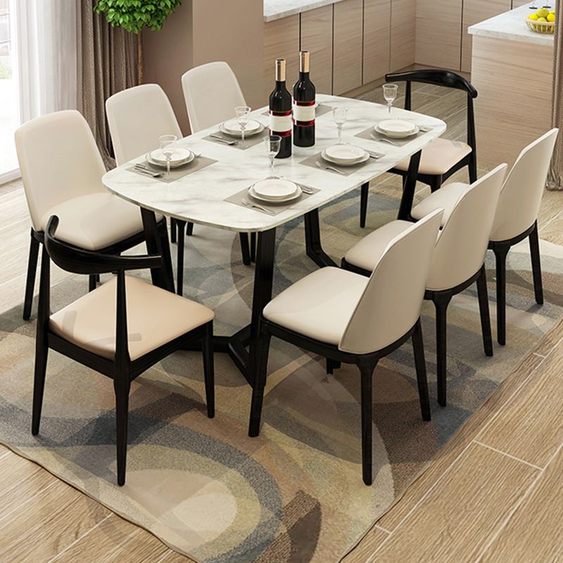 Modern Rectangular Stone Top White Dining Table with Ash Black Trestle Base
