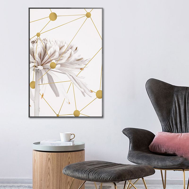 Modern Blooming Chrysanths Art Print White and Gold Geometric Canvas for Living Room