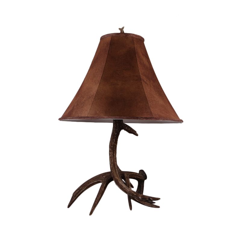 Lampada da notte svasata ampia marrone in tessuto da fattoria, lampada da tavolo per camera da letto con 1 testa e base in corna