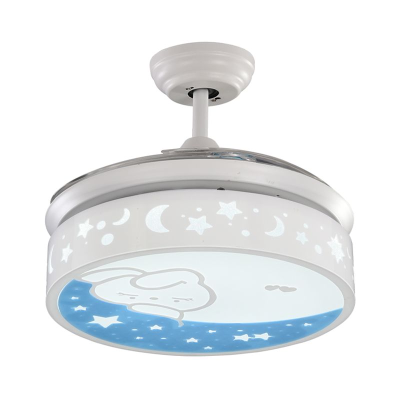 Drum contemporain fans de lampe en métal LED 36 "LA CHAMBRE À KIDES DE LA LIGE 4 BLADES SEMI FUX MONT EN BLANC avec un lapin et un motif d'étoile