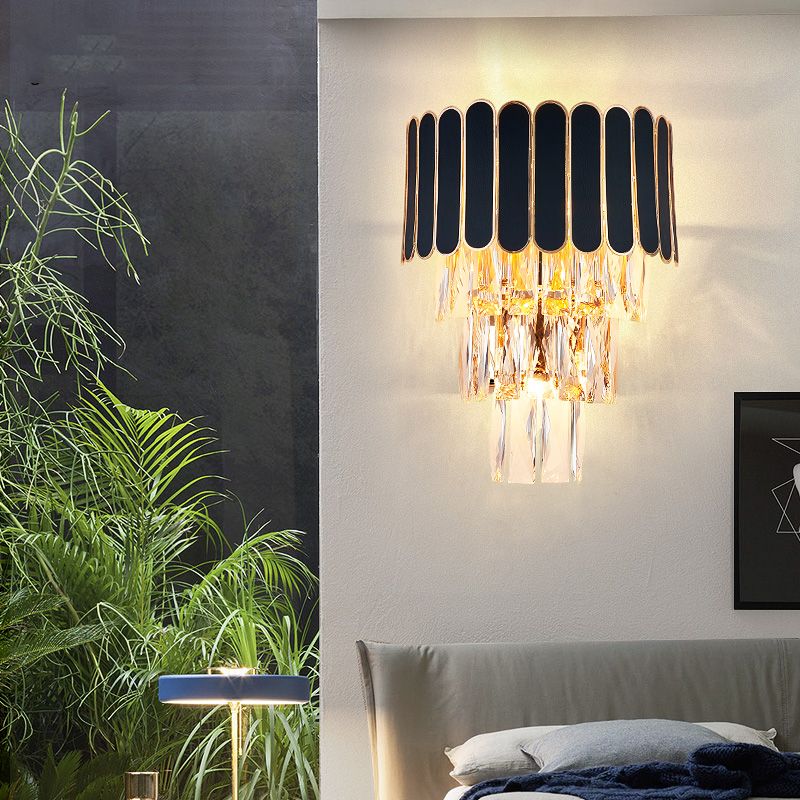 Tapered Flush Wall Sconce Minimalist Crystal 3 Bulbs Black Wall Lamp for Bedroom