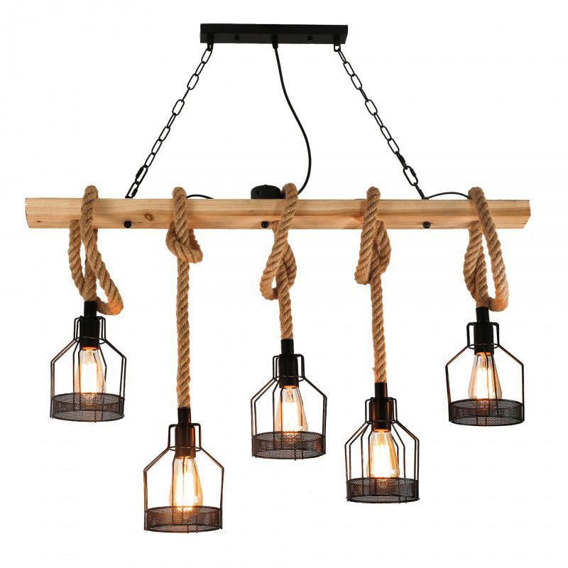 3 / 5 - Light Kitchen Island Fixture Wood and Iron Ceiling Lighting with Hemp Rope
