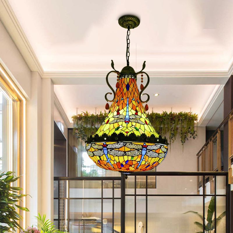 16"/19.5" Wide Dragonfly Chandelier Light Mediterranean Stained Glass 6/8 Lights Antique Brass Pendant Lamp