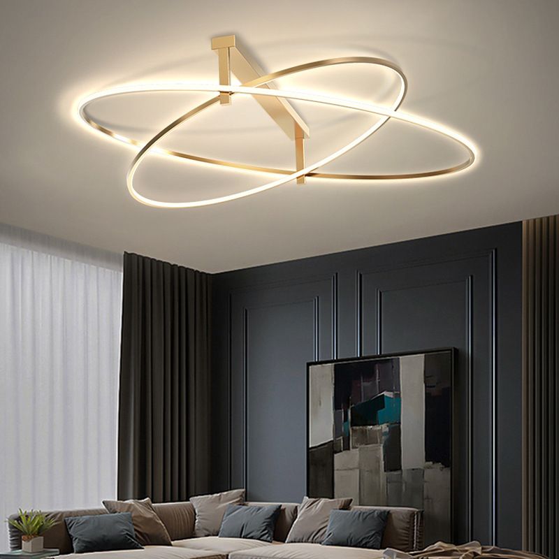 Minimalist Oval Semi Flush Mount Light Metal 2-Head Living Room LED Ceiling Light in Gold
