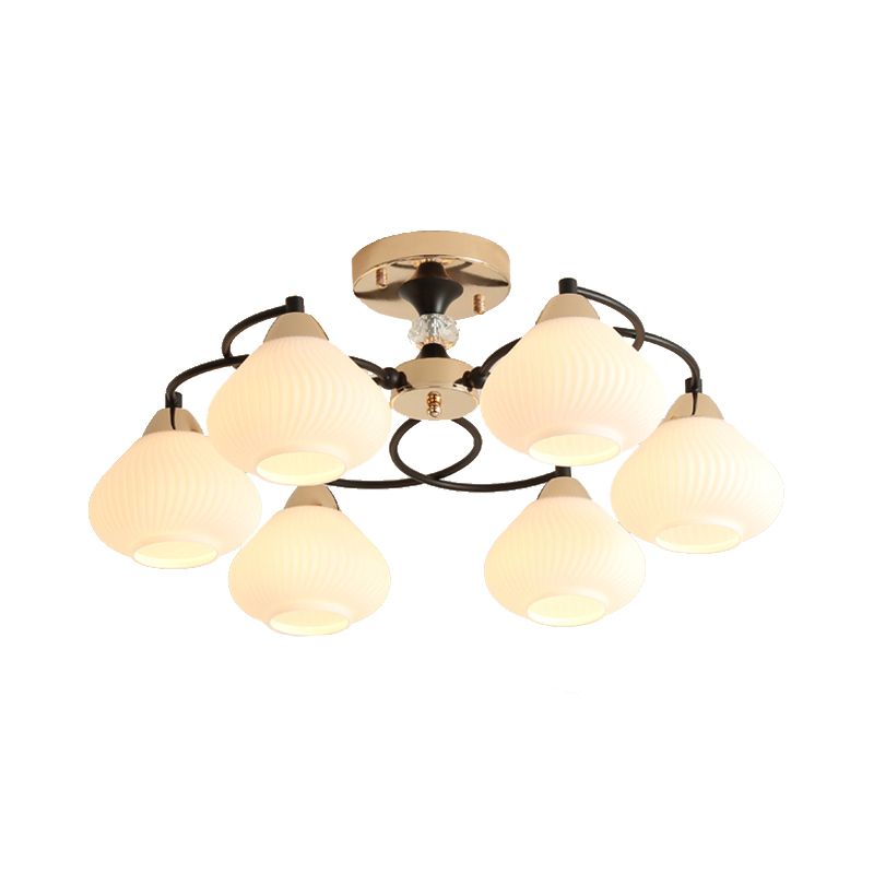 Elegante Urna Shade Semi Flushmount Light 6 Heads Opal Glass Affermazione in bianco per soggiorno