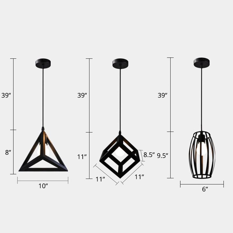 Black 1 Head Suspension Lamp Industrial Iron Geometric Cage Hanging Ceiling Light for Restaurant