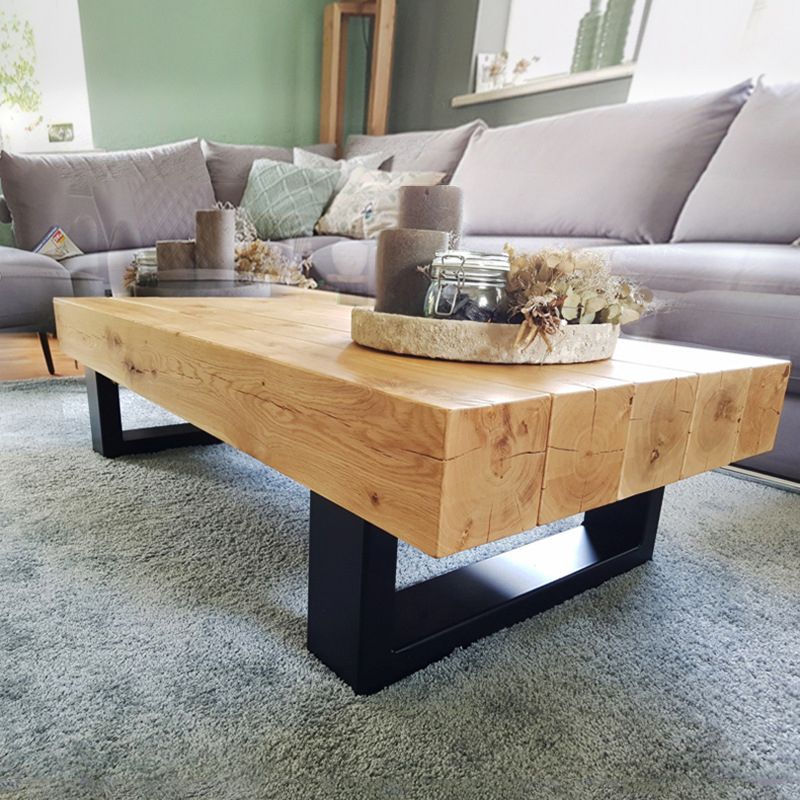 Solid Wood Coffee Table with Metal Sled Legs for Living Room