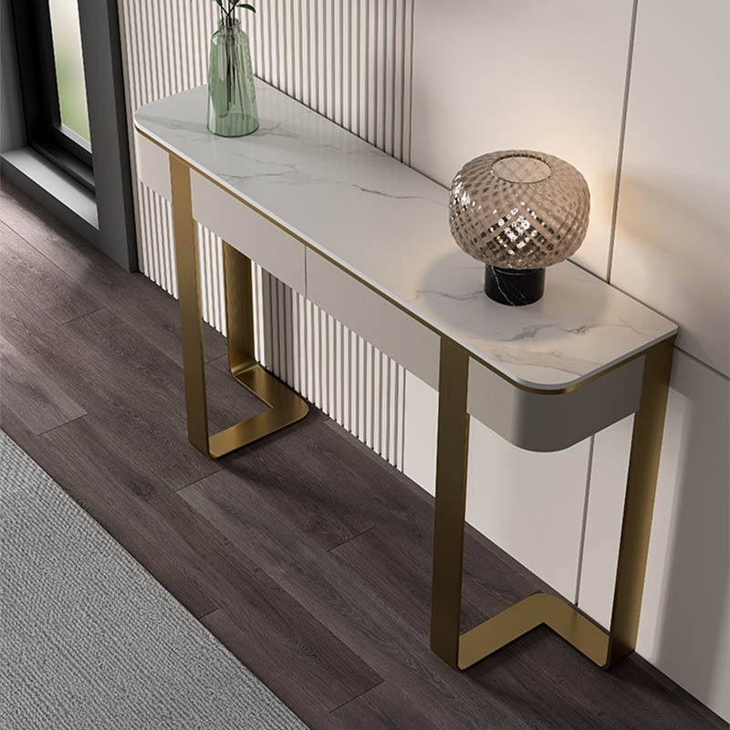 Modern Rectangular Console Table Stone Console Sofa Table in Grey/Gold