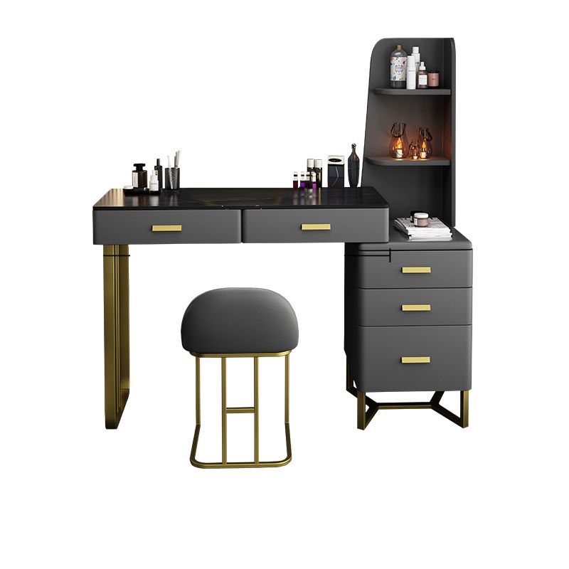 5 Wood Drawers Vanity Set with Stool in Grey Stone Top Dressing Table