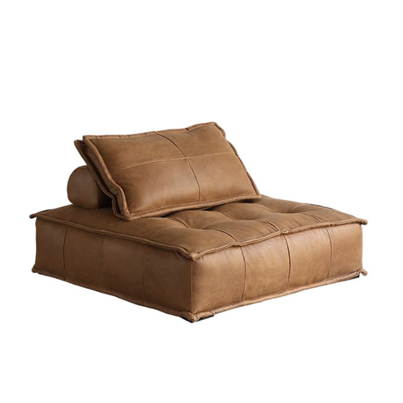 Tufted Leather Sectionals in Brown Mid-Century Modern Blocks Sofa with Pillows