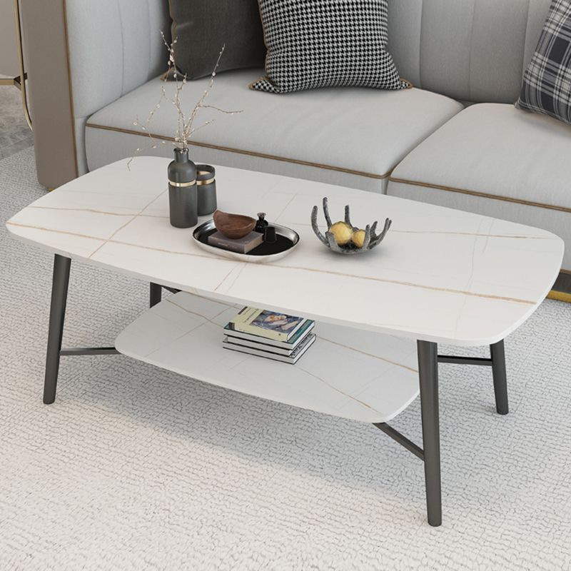 4 Legs 1 Single Coffee Table Rectangular Stone Cocktail Table with Shelf