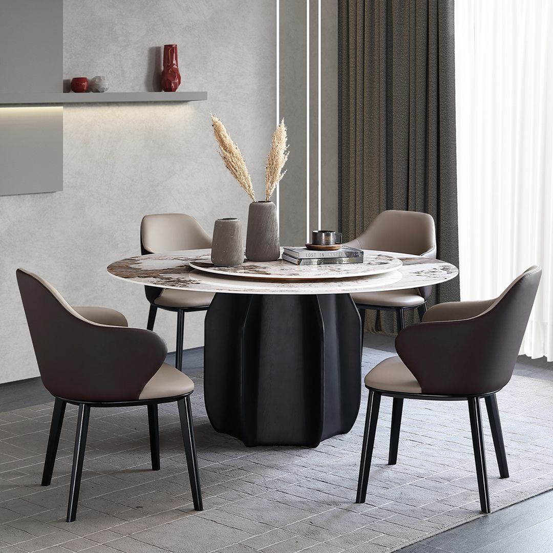 Round Dining Table Modern Stone Top Dining Table with Solid Wood Pedestal