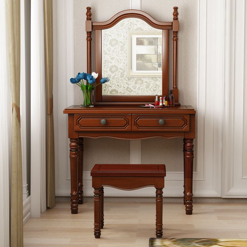Traditional Mirrored Vanity Set Solid Wood Dressing Table with Stool