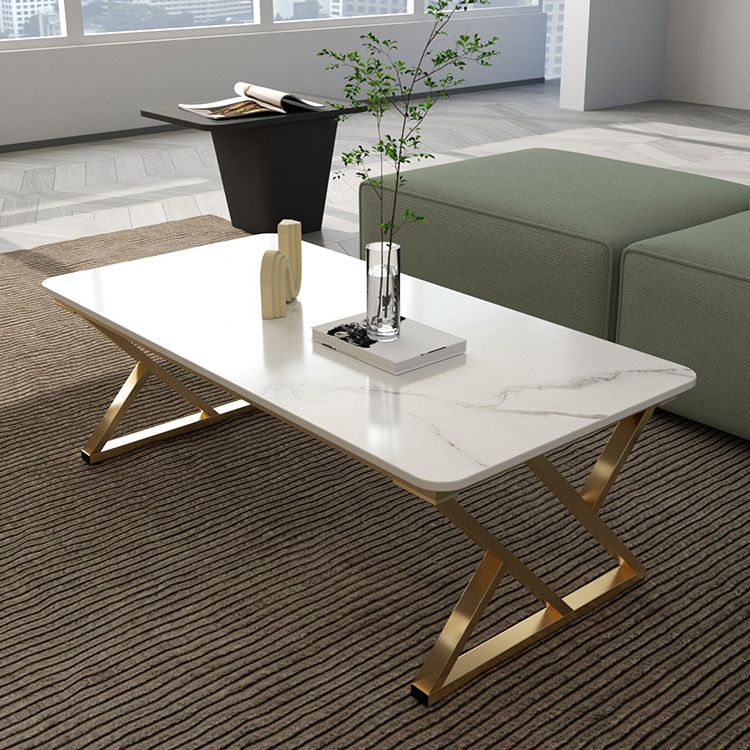 Rectangle Stone Top Coffee Table with Iron Sled Base Cocktail Table