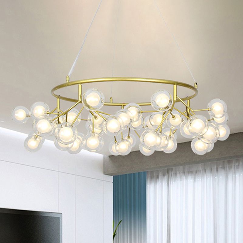 Golden Ring Chandelier Lighting Modern 32"/35.5" W 27/36/45-Light Metal Hanging Light Fixture with Clear Glass Ball Shade
