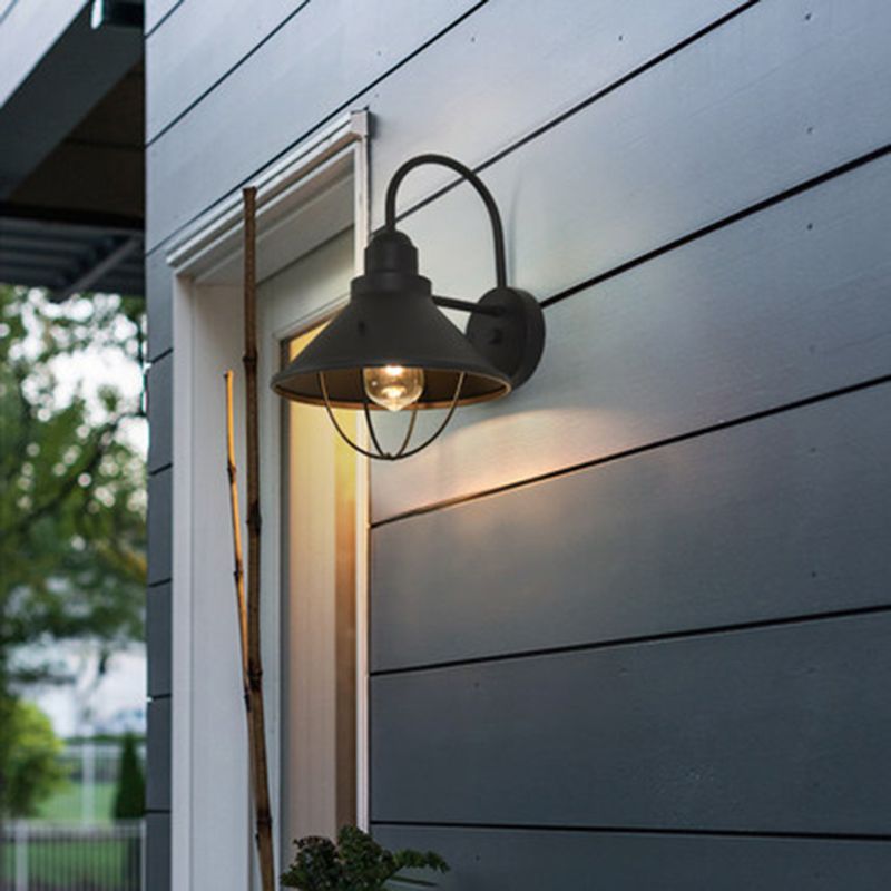 1 Light Wide Flare Lighting Fixture Industrial Black Metal Sconce Light with Cage for Outdoor