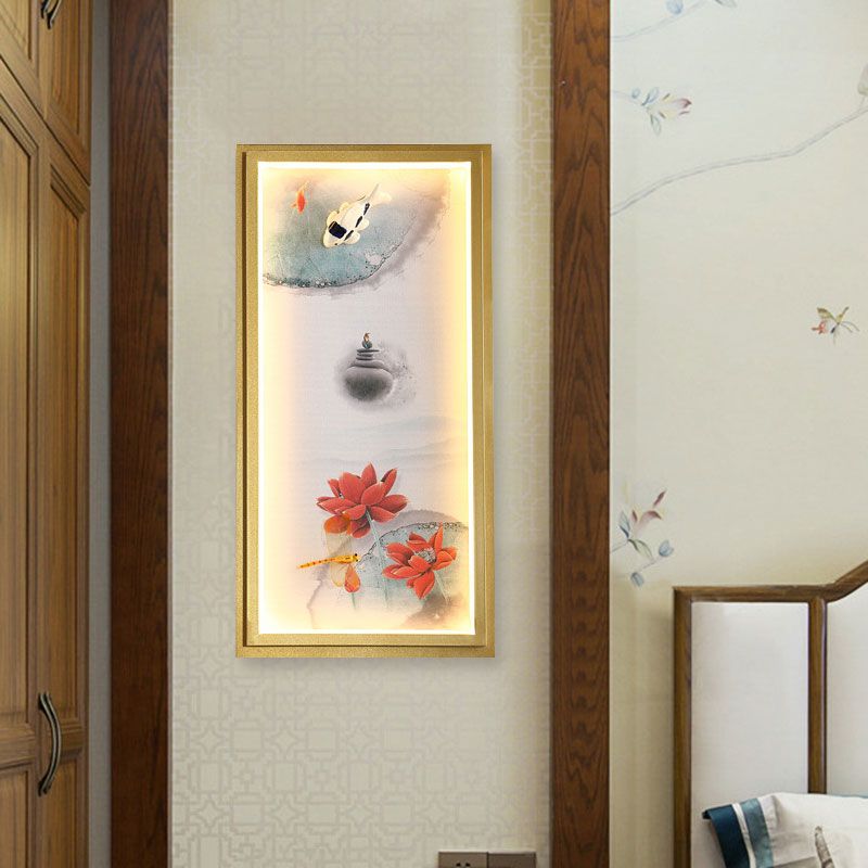 Chinese Ink Village/Lotus Mural Lamp Fabric Family Room LED Wall Mount Light in Gold