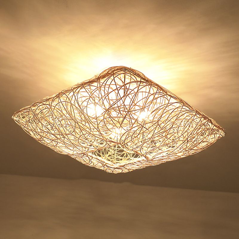Asian Style Bamboo Ceiling Light Geometric Flush Mount Light for Bedroom