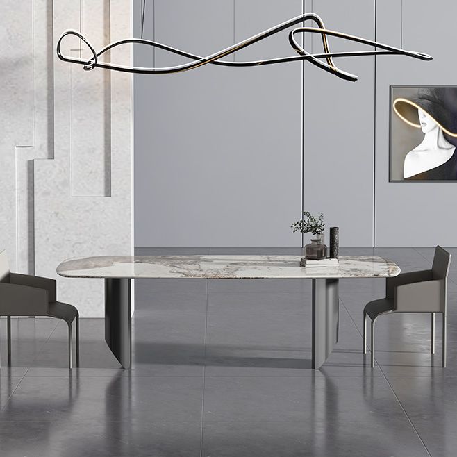 Metal Contemporary Rectangular Dining Table Sintered Stone Table with Double Pedestal