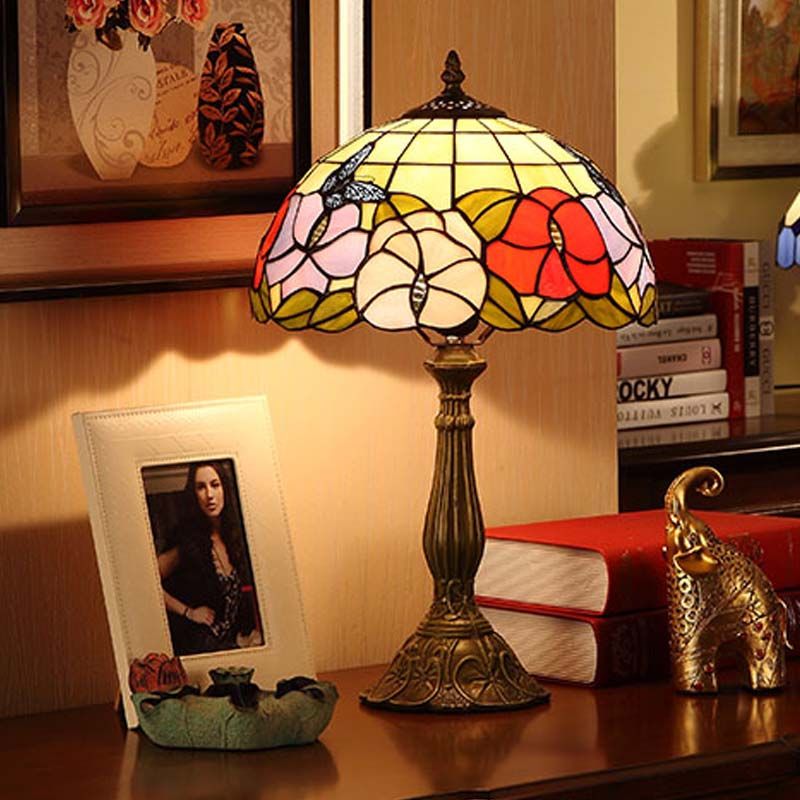 1 Bulb Grid-Bowl Table Light Tiffany Bronze Stained Glass Night Lamp with Butterfly and Flower Pattern